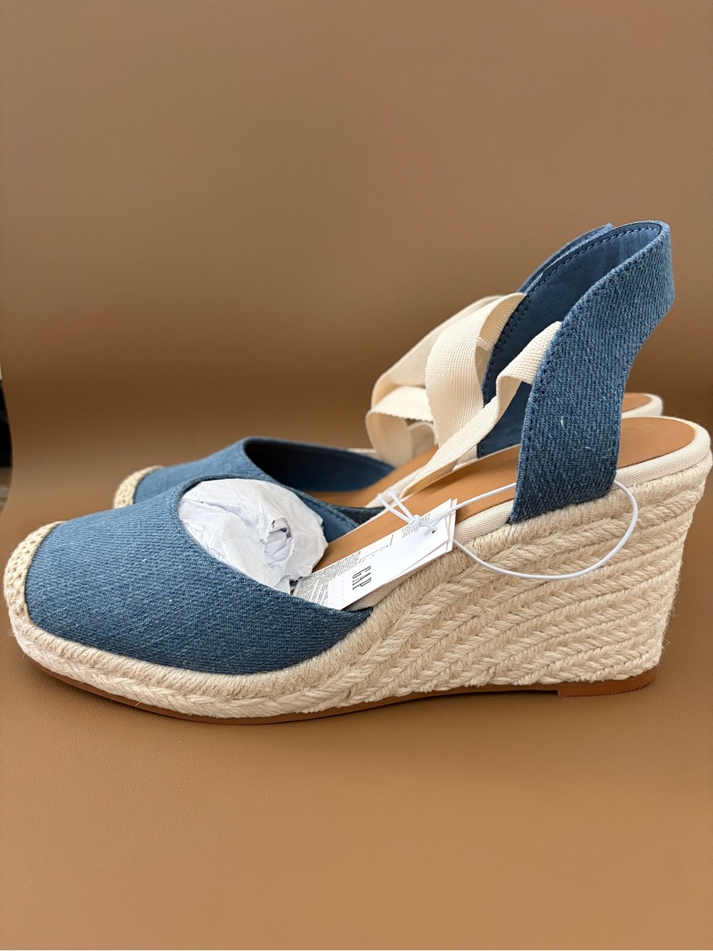 GAP Blue Denim Espadrille Wedges with Cream Tie - Picture 2 of 4
